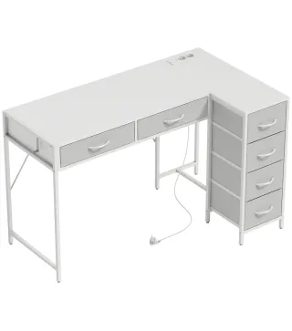 Escritorio Esquinero Reversible con 6 Cajones 126x48 cm con Toma de Corriente Puerto de Carga USB y USB-C Blanco