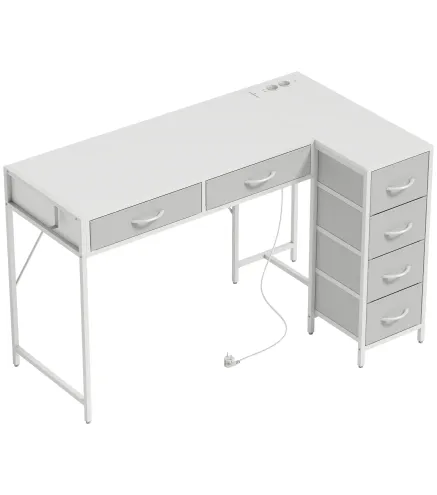 Escritorio Esquinero Reversible con 6 Cajones 126x48 cm con Toma de Corriente Puerto de Carga USB y USB-C Blanco
