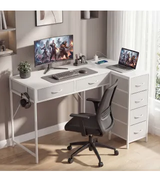 Escritorio Esquinero Reversible con 6 Cajones 126x48 cm con Toma de Corriente Puerto de Carga USB y USB-C Blanco