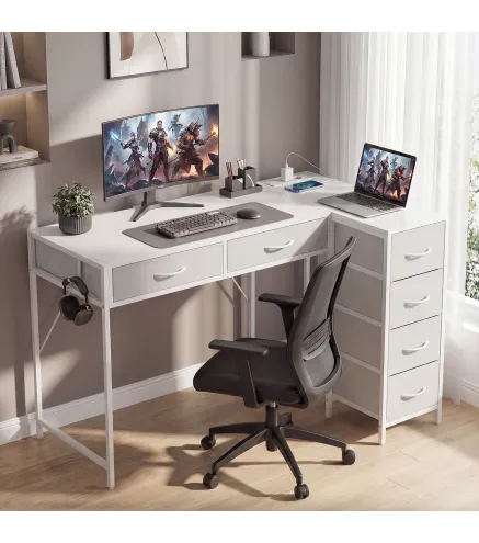 Escritorio Esquinero Reversible con 6 Cajones 126x48 cm con Toma de Corriente Puerto de Carga USB y USB-C Blanco