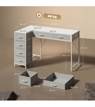 Escritorio Esquinero Reversible con 6 Cajones 126x48 cm con Toma de Corriente Puerto de Carga USB y USB-C Blanco