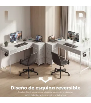 Escritorio Esquinero Reversible con 6 Cajones 126x48 cm con Toma de Corriente Puerto de Carga USB y USB-C Blanco