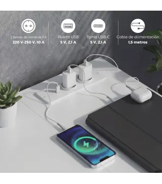 Escritorio Esquinero Reversible con 6 Cajones 126x48 cm con Toma de Corriente Puerto de Carga USB y USB-C Blanco