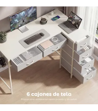 Escritorio Esquinero Reversible con 6 Cajones 126x48 cm con Toma de Corriente Puerto de Carga USB y USB-C Blanco