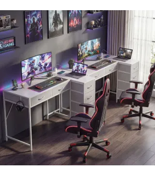 Escritorio Esquinero Reversible con 6 Cajones 126x48 cm con Toma de Corriente Puerto de Carga USB y USB-C Blanco