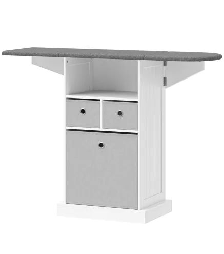 Mueble de Plancha con Ruedas Tabla de Planchar Plegable 3 Cajones de Tela 121x37x89,5 cm Blanco