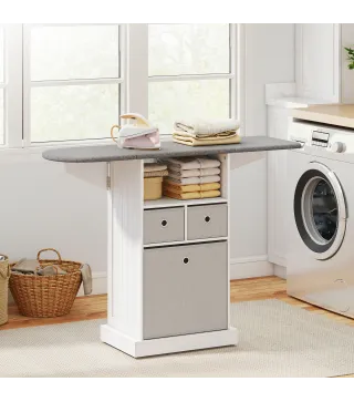 Mueble de Plancha con Ruedas Tabla de Planchar Plegable 3 Cajones de Tela 121x37x89,5 cm Blanco