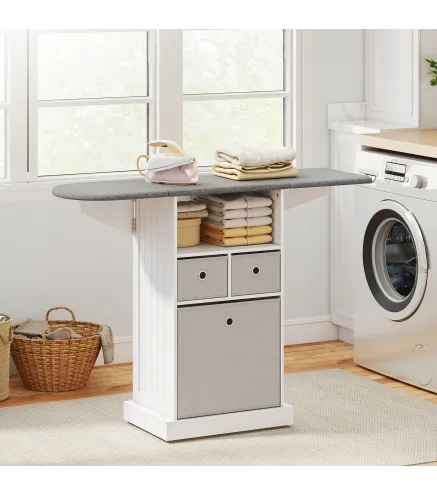 Mueble de Plancha con Ruedas Tabla de Planchar Plegable 3 Cajones de Tela 121x37x89,5 cm Blanco