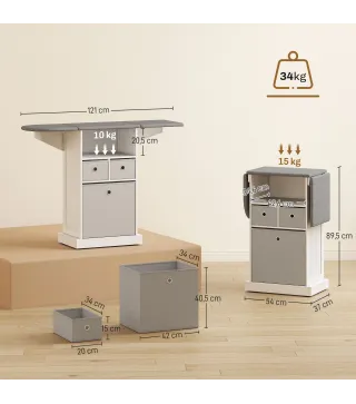 Mueble de Plancha con Ruedas Tabla de Planchar Plegable 3 Cajones de Tela 121x37x89,5 cm Blanco