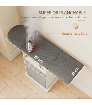 Mueble de Plancha con Ruedas Tabla de Planchar Plegable 3 Cajones de Tela 121x37x89,5 cm Blanco