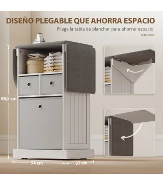 Mueble de Plancha con Ruedas Tabla de Planchar Plegable 3 Cajones de Tela 121x37x89,5 cm Blanco