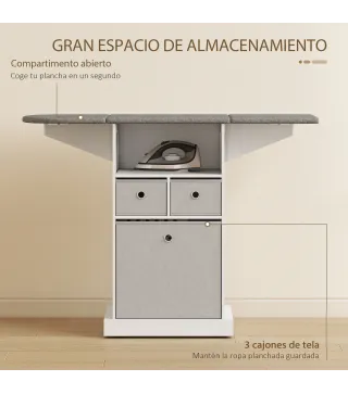Mueble de Plancha con Ruedas Tabla de Planchar Plegable 3 Cajones de Tela 121x37x89,5 cm Blanco