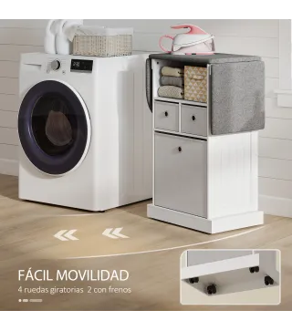 Mueble de Plancha con Ruedas Tabla de Planchar Plegable 3 Cajones de Tela 121x37x89,5 cm Blanco