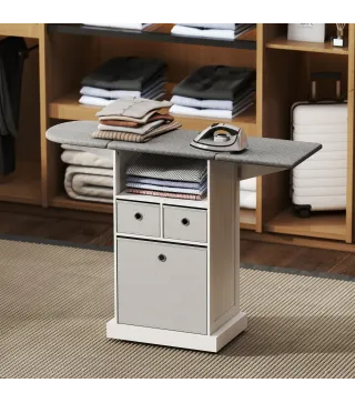 Mueble de Plancha con Ruedas Tabla de Planchar Plegable 3 Cajones de Tela 121x37x89,5 cm Blanco