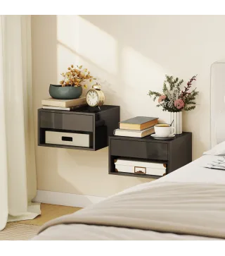 Juego de 2 Mesitas de Noche Flotantes Mesillas de Noche con Cajón para Dormitorio 37x32x21 cm Negro Brillo