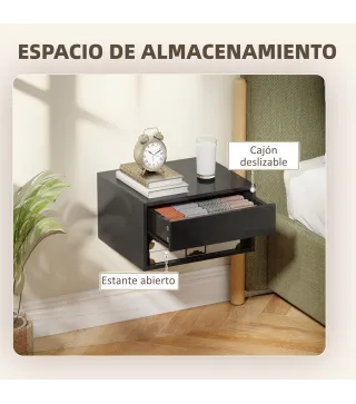 Juego de 2 Mesitas de Noche Flotantes Mesillas de Noche con Cajón para Dormitorio 37x32x21 cm Negro Brillo