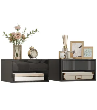 Juego de 2 Mesitas de Noche Flotantes Mesillas de Noche con Cajón para Dormitorio 37x32x21 cm Negro Brillo