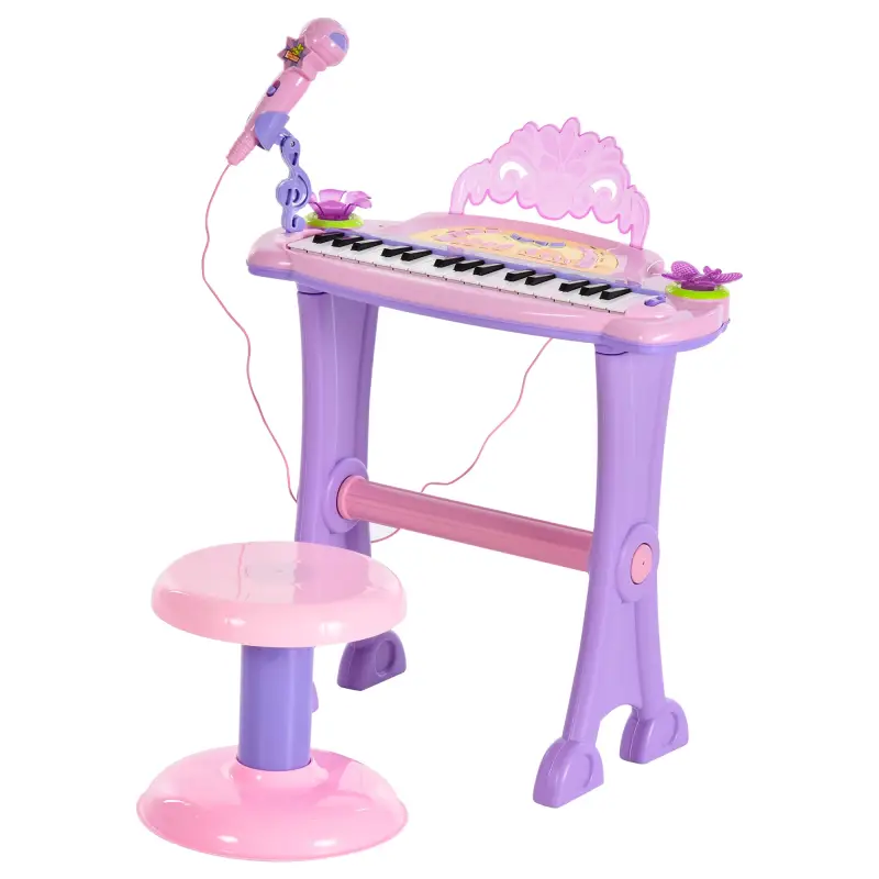 Teclado Electrónico Infantil 32 Teclas Juguete Musical Piano Infantil Piano para Niños con Micrófono Taburete Luces Variedad Son