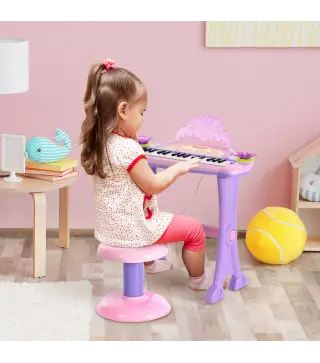 Teclado Electrónico Infantil 32 Teclas Juguete Musical Piano Infantil Piano para Niños con Micrófono Taburete Luces Variedad Son