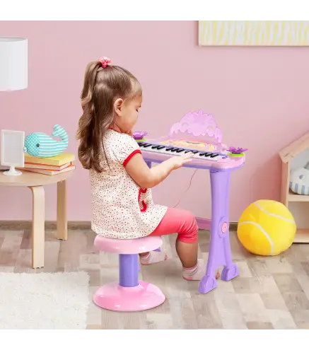 Teclado Electrónico Infantil 32 Teclas Juguete Musical Piano Infantil Piano para Niños con Micrófono Taburete Luces Variedad Son