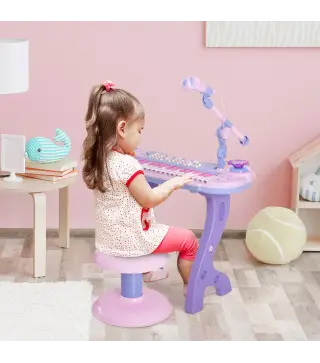 Piano Infantil 37 Teclas Teclado Electrónico Juego de Piano Regalo Juguete Educativo para Niños +3 Años con Micrófono Taburete L