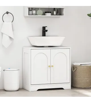 Mueble bajo Lavabo con 2 Puertas con Diseño de Arco Estante Ajustable Tiradores Dorados 60x30x65 cm Blanco