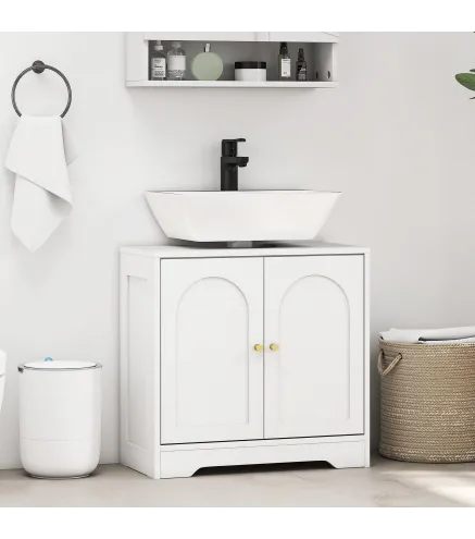 Mueble bajo Lavabo con 2 Puertas con Diseño de Arco Estante Ajustable Tiradores Dorados 60x30x65 cm Blanco