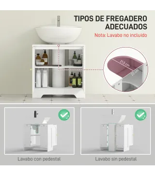 Mueble bajo Lavabo con 2 Puertas con Diseño de Arco Estante Ajustable Tiradores Dorados 60x30x65 cm Blanco