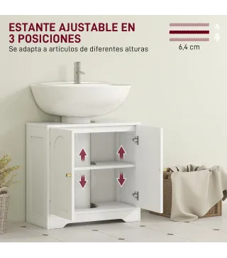 Mueble bajo Lavabo con 2 Puertas con Diseño de Arco Estante Ajustable Tiradores Dorados 60x30x65 cm Blanco
