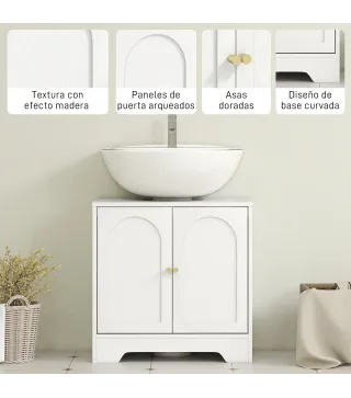 Mueble bajo Lavabo con 2 Puertas con Diseño de Arco Estante Ajustable Tiradores Dorados 60x30x65 cm Blanco