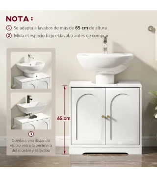 Mueble bajo Lavabo con 2 Puertas con Diseño de Arco Estante Ajustable Tiradores Dorados 60x30x65 cm Blanco