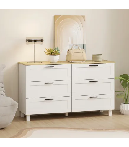Cómoda Dormitorio con 6 Cajones Patas de Madera para Salón Oficina 120x38x71 cm Blanco