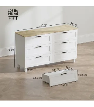 Cómoda Dormitorio con 6 Cajones Patas de Madera para Salón Oficina 120x38x71 cm Blanco