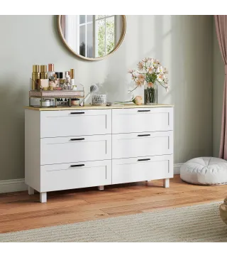 Cómoda Dormitorio con 6 Cajones Patas de Madera para Salón Oficina 120x38x71 cm Blanco