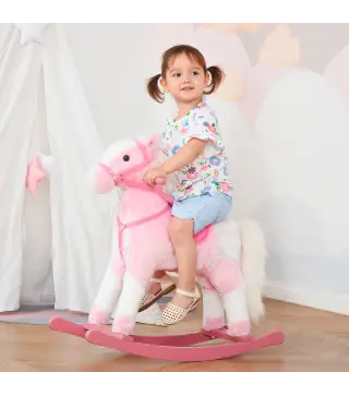 Caballito Balancín de Felpa Suave para Niños de 3-6 Años con Sonidos de Relincho 74x28x65 cm Rosa