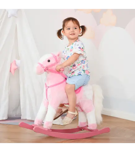 Caballito Balancín de Felpa Suave para Niños de 3-6 Años con Sonidos de Relincho 74x28x65 cm Rosa