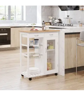 Carro de Cocina Multiusos Carrito Auxiliar con Ruedas para Dormitorio con Estantes Cestas Cajones 70x37x85cm Madera