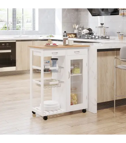Carro de Cocina Multiusos Carrito Auxiliar con Ruedas para Dormitorio con Estantes Cestas Cajones 70x37x85cm Madera