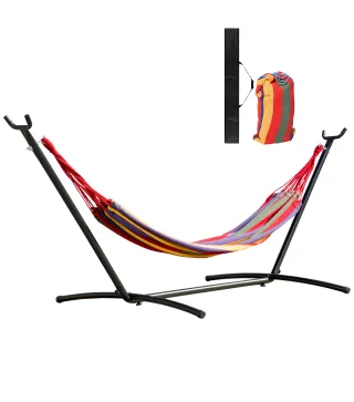 Hamaca con Soporte de Acero con Altura Ajustable en 6 Niveles y Bolsa de Transporte Carga 120 kg 200x150 cm Multicolor