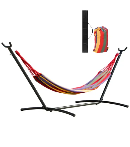 Hamaca con Soporte de Acero con Altura Ajustable en 6 Niveles y Bolsa de Transporte Carga 120 kg 200x150 cm Multicolor