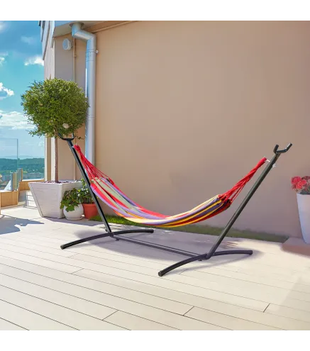 Hamaca con Soporte de Acero con Altura Ajustable en 6 Niveles y Bolsa de Transporte Carga 120 kg 200x150 cm Multicolor