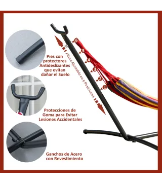 Hamaca con Soporte de Acero con Altura Ajustable en 6 Niveles y Bolsa de Transporte Carga 120 kg 200x150 cm Multicolor