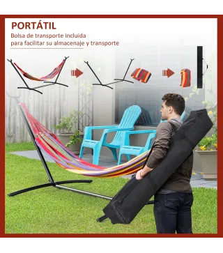Hamaca con Soporte de Acero con Altura Ajustable en 6 Niveles y Bolsa de Transporte Carga 120 kg 200x150 cm Multicolor
