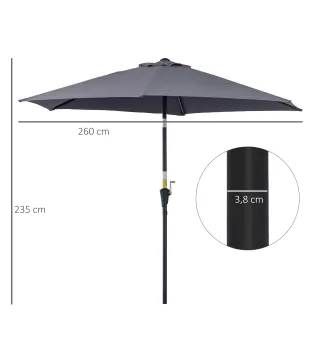 Sombrilla de Jardín, Ø260x235 cm, Parasol de Jardín Reclinable con Manivela, Poste Desmontable de Aluminio y 6 Varillas de Metal