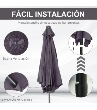 Sombrilla de Jardín, Ø260x235 cm, Parasol de Jardín Reclinable con Manivela, Poste Desmontable de Aluminio y 6 Varillas de Metal