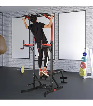 Estación de Musculación Torre de Entrenamiento con Altura Ajustable y Respaldo Regulable en 5 Posiciones Barra de Dominadas Fitn