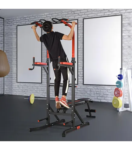 Estación de Musculación Torre de Entrenamiento con Altura Ajustable y Respaldo Regulable en 5 Posiciones Barra de Dominadas Fitn