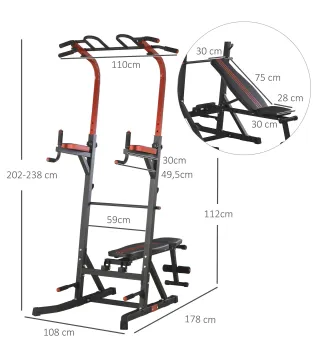Estación de Musculación Torre de Entrenamiento con Altura Ajustable y Respaldo Regulable en 5 Posiciones Barra de Dominadas Fitn