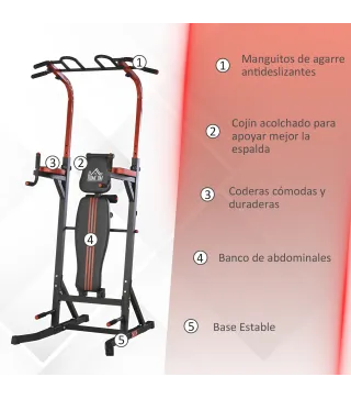 Estación de Musculación Torre de Entrenamiento con Altura Ajustable y Respaldo Regulable en 5 Posiciones Barra de Dominadas Fitn