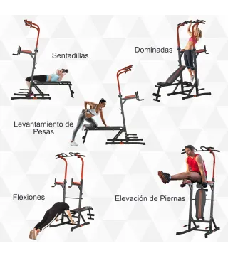 Estación de Musculación Torre de Entrenamiento con Altura Ajustable y Respaldo Regulable en 5 Posiciones Barra de Dominadas Fitn